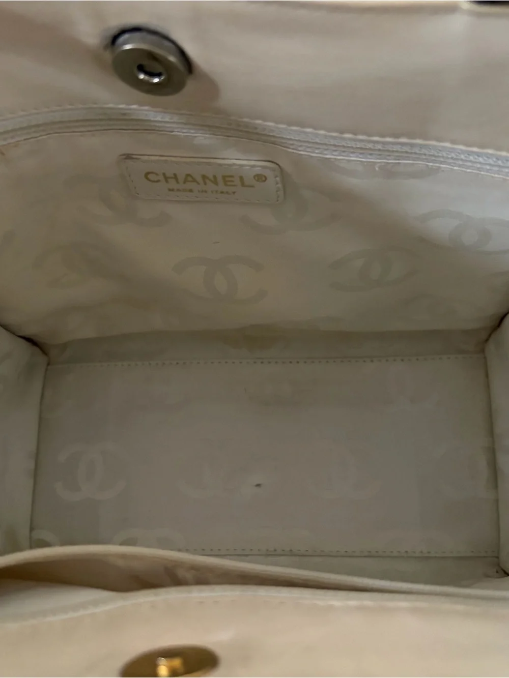 Chanel Small Beige Patent Leather Floral Perforated Tote